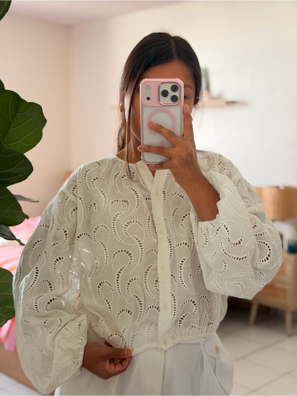 H&M White Eyelet Button-Up Blouse
